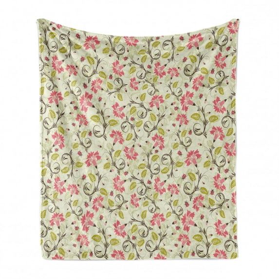 Ladybugs Soft Flannel Fleece Throw Blanket, Curving Flower Design with Ladybugs and Retro Features Small Beetles Theme, Cozy Plush for Indoor and Outdoor Use, 60" x 80", Pale Green Pink, by Ambesonne