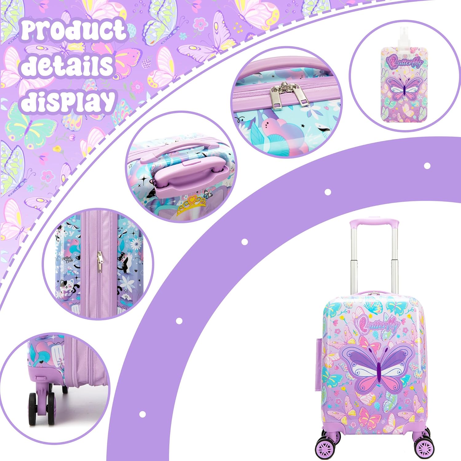 Kids Carry on Luggage Sets for Girls Hard Shell Suitcases with Wheels Hardshell Suitcase with Duffle Bag for Travel Neck Pillow Airplane Butterfly