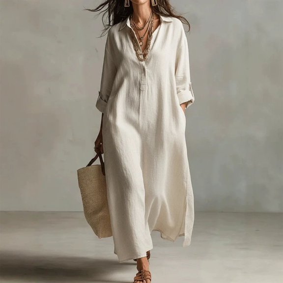 Morttic Women's Lapel Half Placket Roll Up Sleeve Loose Shirt Maxi Dress – Solid Color Casual Summer Dress with Side Split White,S