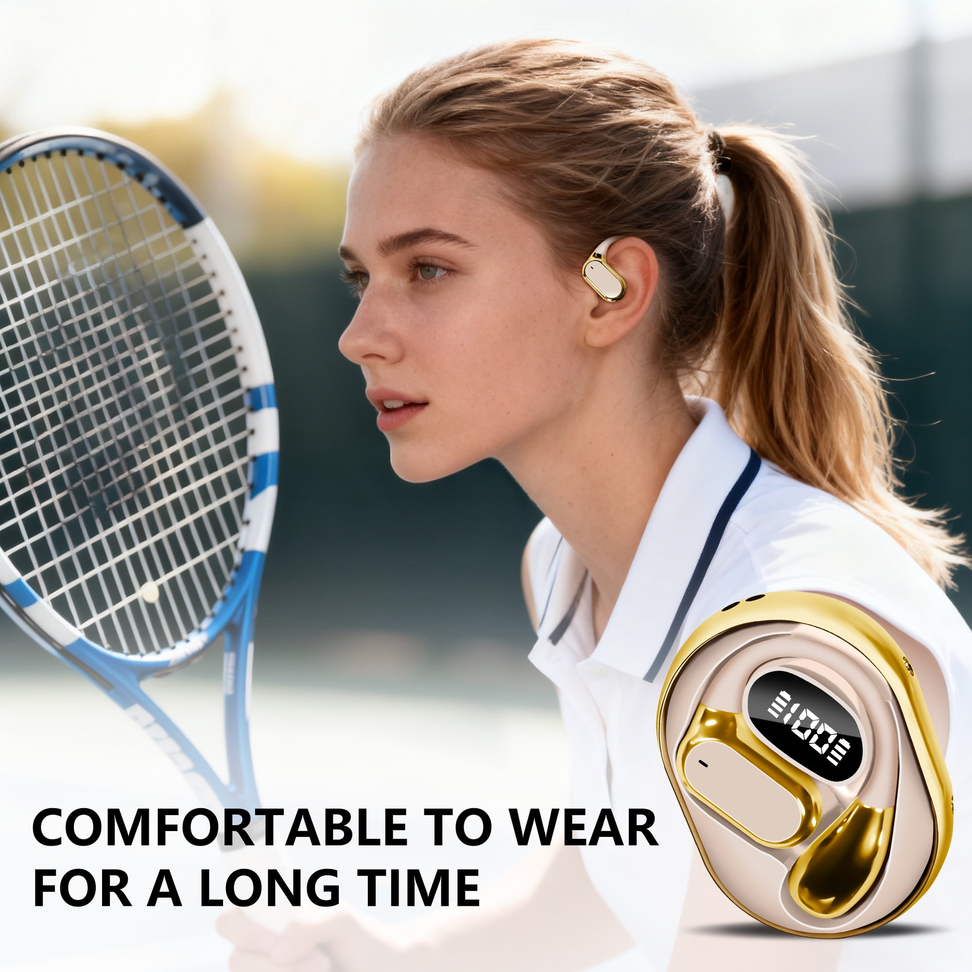 True Wireless Stereo Earphone, Open Ear Touch Control Bluetooth Headphone with Earhook, Type-C Charging Earphone for Meeting/Travel/Video/Game, Gold