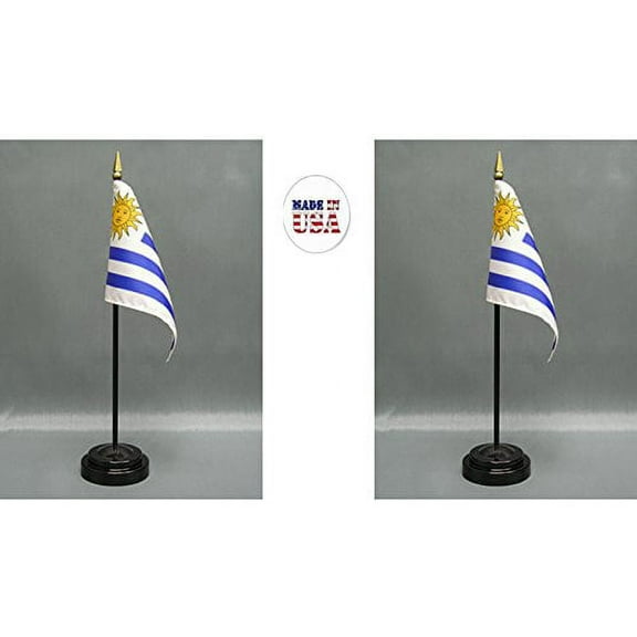 Made in The USA. 2 Uruguay 4"x6" Miniature Office Desk & Little Hand Waving Table Flags Includes 2 Flag Stands & 2 Uruguayan Small Mini Stick Flags