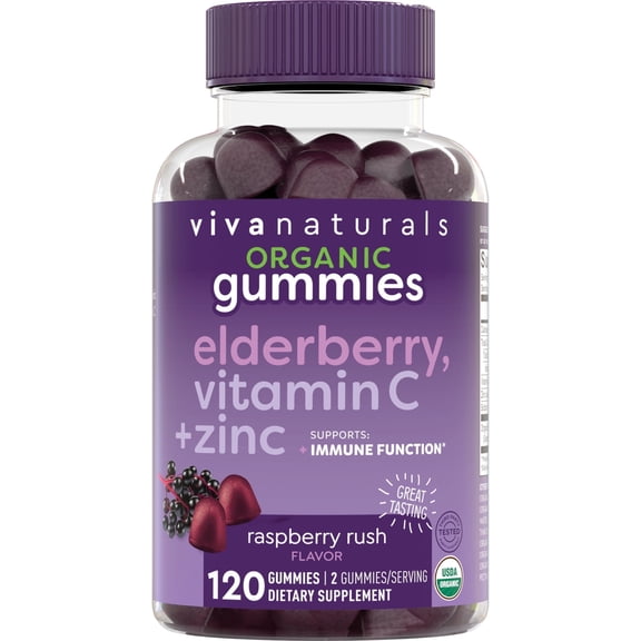 Viva Naturals Organic Elderberry, Vitamin C   Zinc Gummies for Adults, Raspberry Rush Flavor, 120 Gummies
