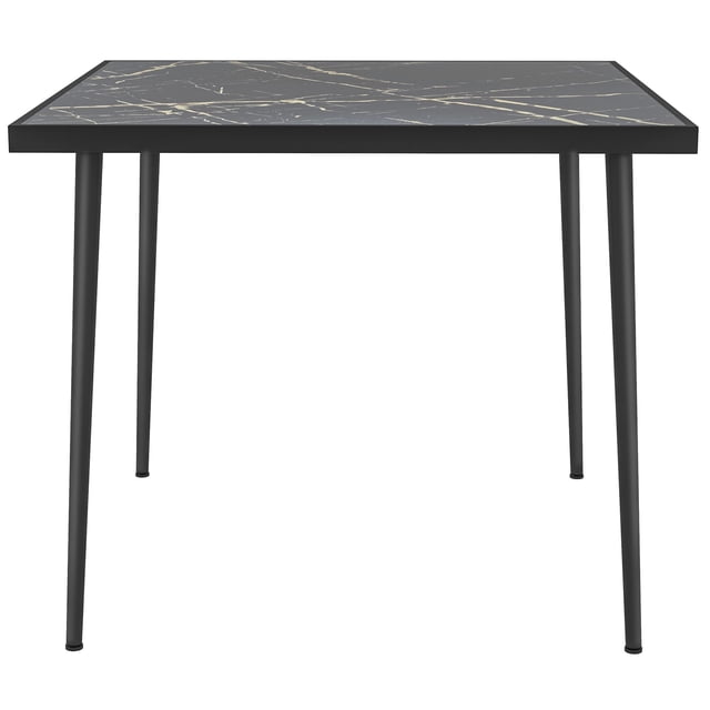 Square Outdoor Dining Table for 4 | Black Steel Frame & Marble Effect Glass Patio Table - 35.4" x 35.4"