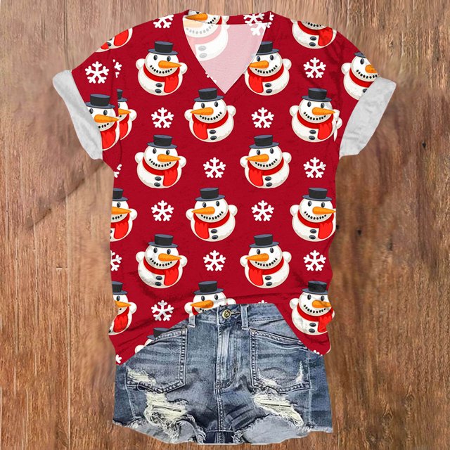 Fiudx Liquidación de Ofertas Flash Top de Manga Corta con Cuello En V y Estampado Navideño para Mujer