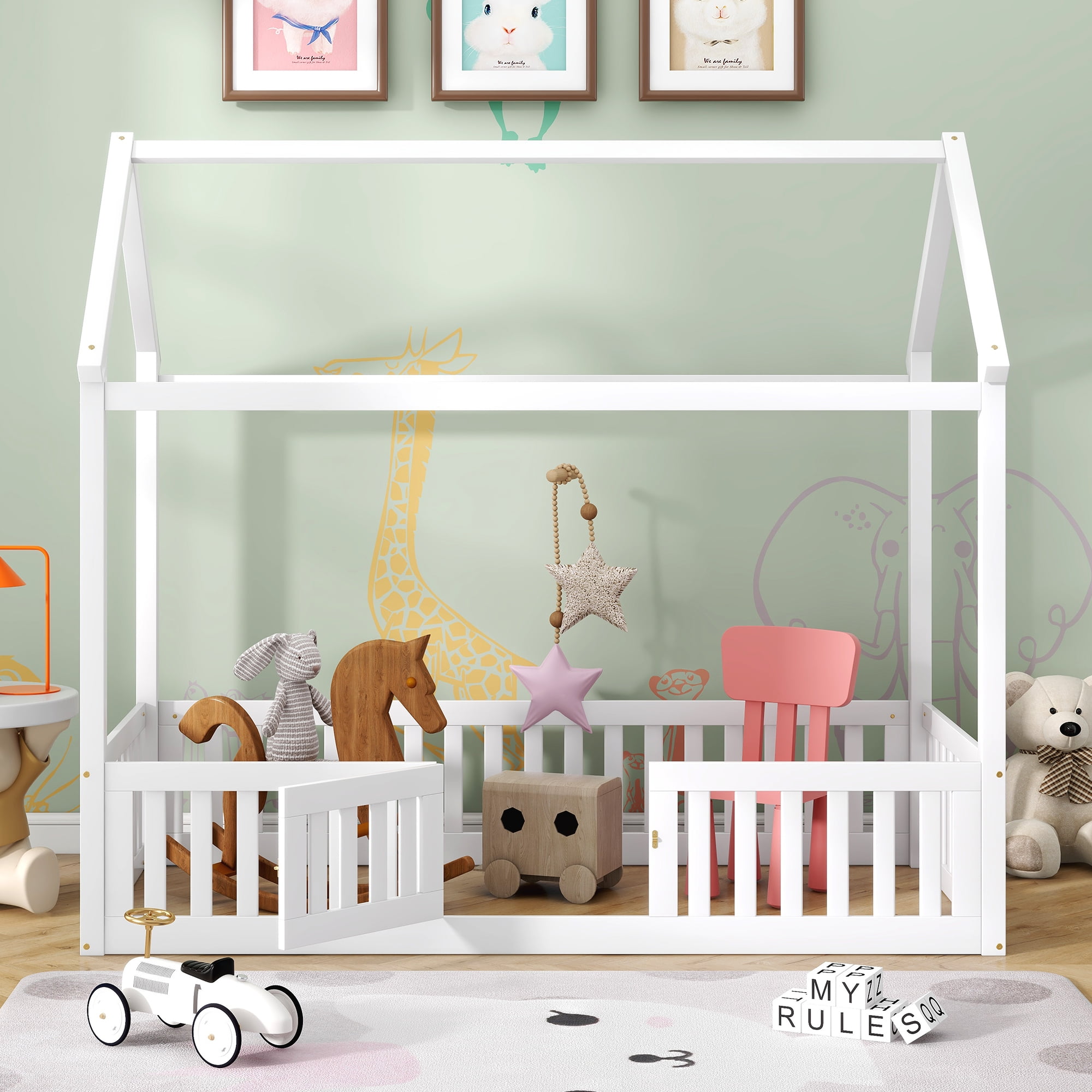 Euroco Twin Size Low House Bed with Fence and Door, White