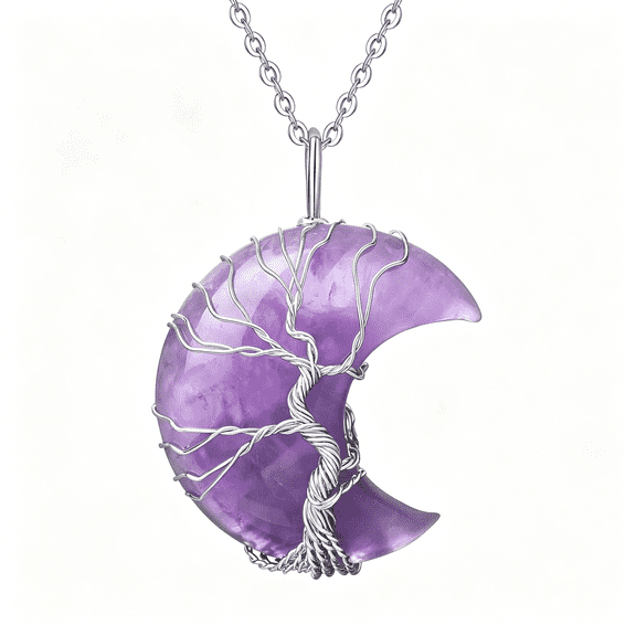 DESIGNICE Healing Crystal Necklace Tree of Life Wire Wrapped Amethyst Crescent Moon Natural Stone Pendant Necklaces Hippie Boho Witch Wiccan Spiritual Reiki Gemstone Quartz Jewelry for Women