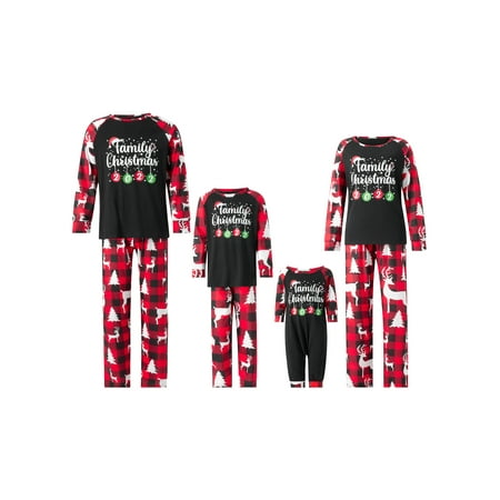 

Raruxxin Christmas Family Matching Pajamas Long Sleeve Letter Ball Print Tops + Elk/Snowflake Print Plaid Pants Set
