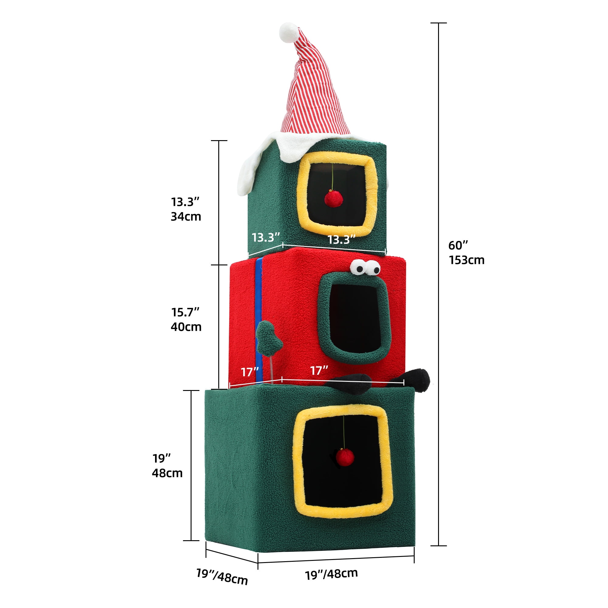 Dextrus 60 in Christmas Cat Tree with Cat House Cat Tower for Indoor Cats with Cat Condos,Kittens Play Activity Center,Cat Furniture with Plush Ball for Christmas Decoration