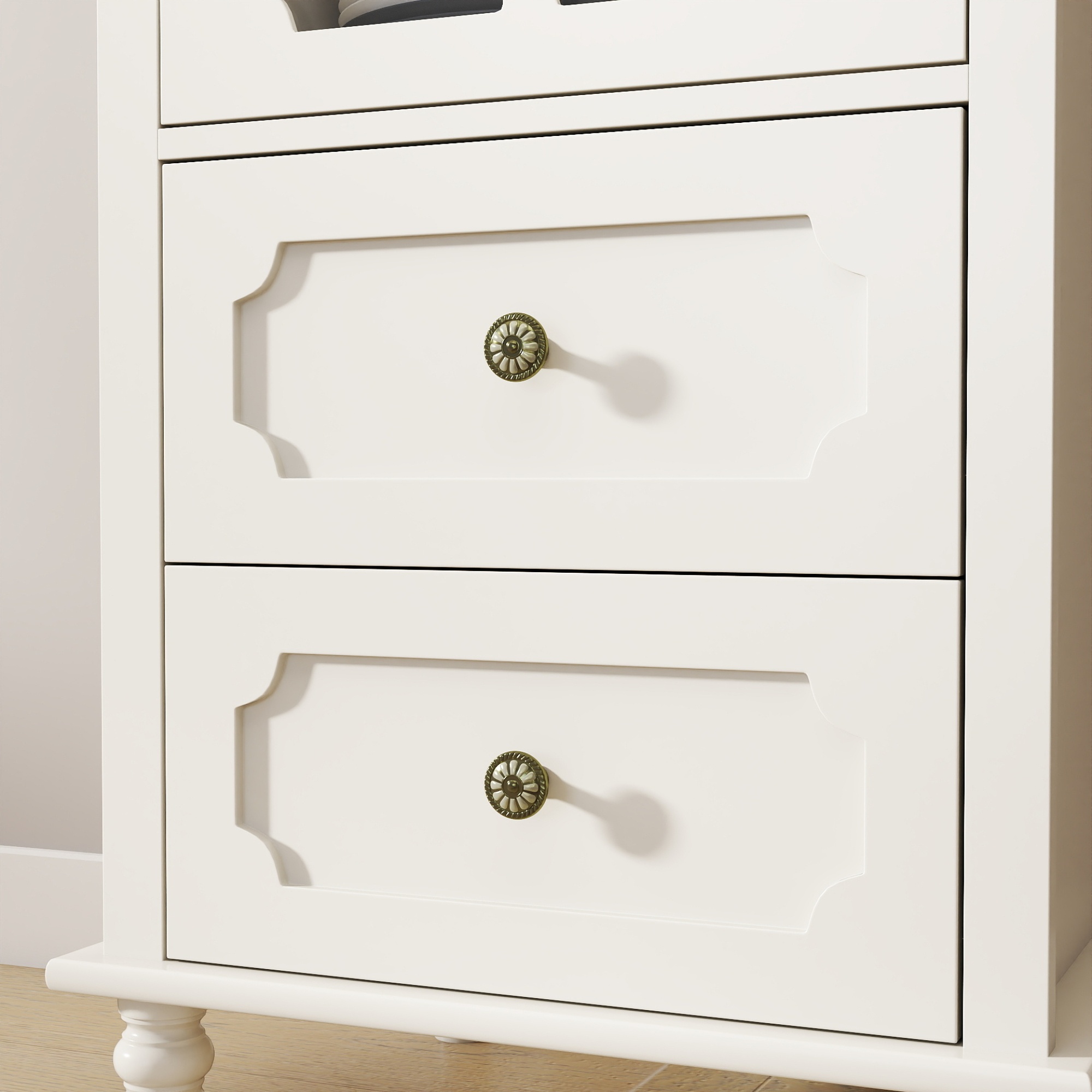 Leumius Minimalism Buffet Cabinet with Glass Doors and Double Drawer, Modern Wooden Storage Sideboard Cupboard for Living room Dining Room Hallway Entryway White