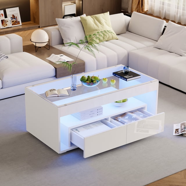 Noble House High Gloss Coffee Table,Open Storage with LED Lights & Glass Top,White