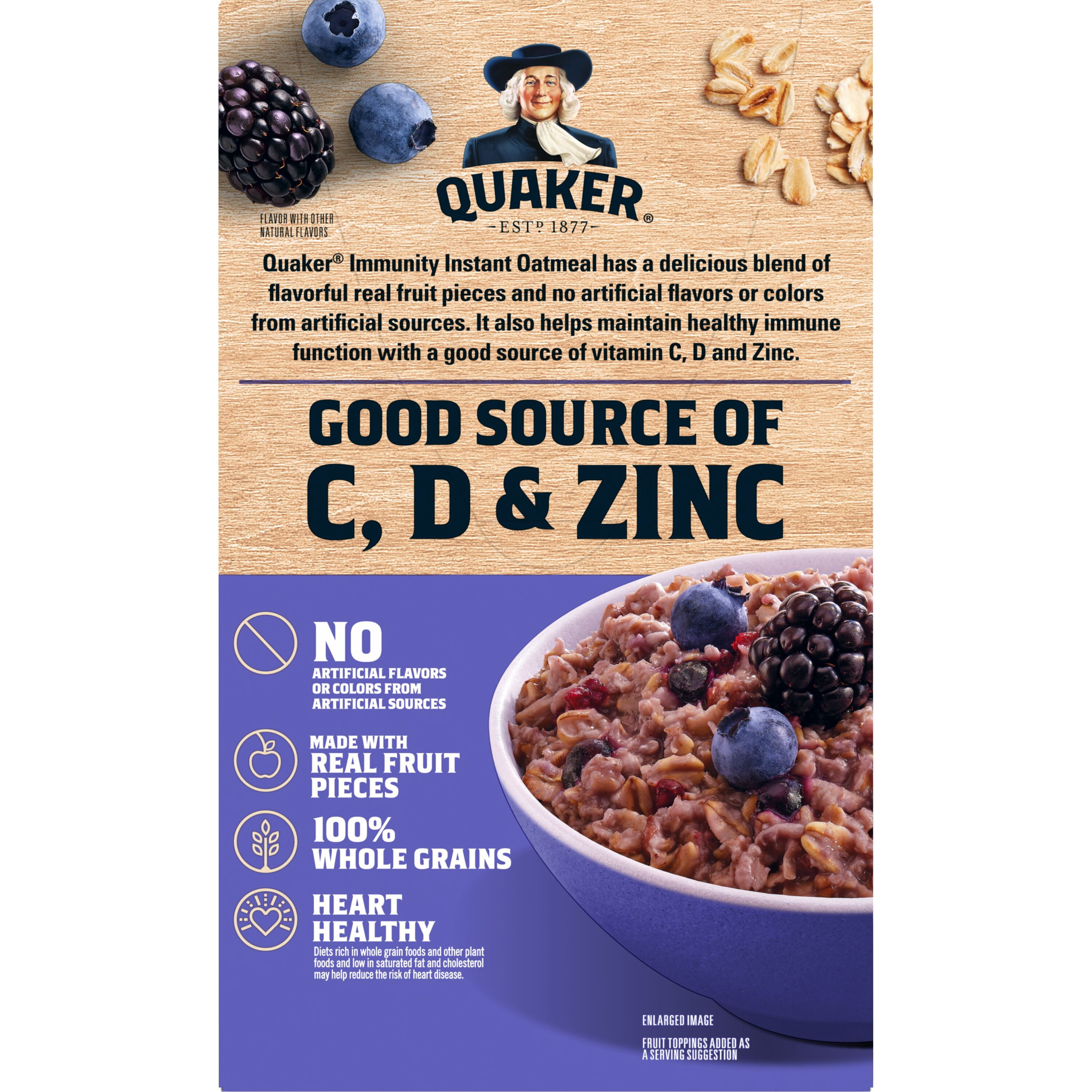 (3 pack) Quaker Immunity Instant Oatmeal, Blueberry Blackberry, Good Source of Vitamins C, D, & Zinc, Whole Grains. 1.41 oz packets, (6 Pack)