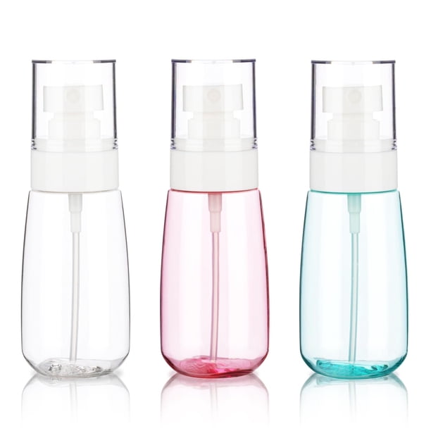 Paquete de 3 botellas de spray pequeñas, mini botellas de spray de 2 oz, botella de spray de viaje vacía, botellas de plástico de niebla fina (transparente+verde+rosa)