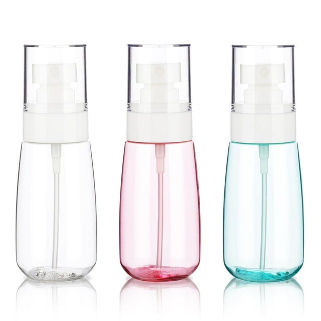 Paquete de 3 botellas de spray pequeñas, mini botellas de spray de 2 oz, botella de spray de viaje vacía, botellas de plástico de niebla fina (transparente+verde+rosa)