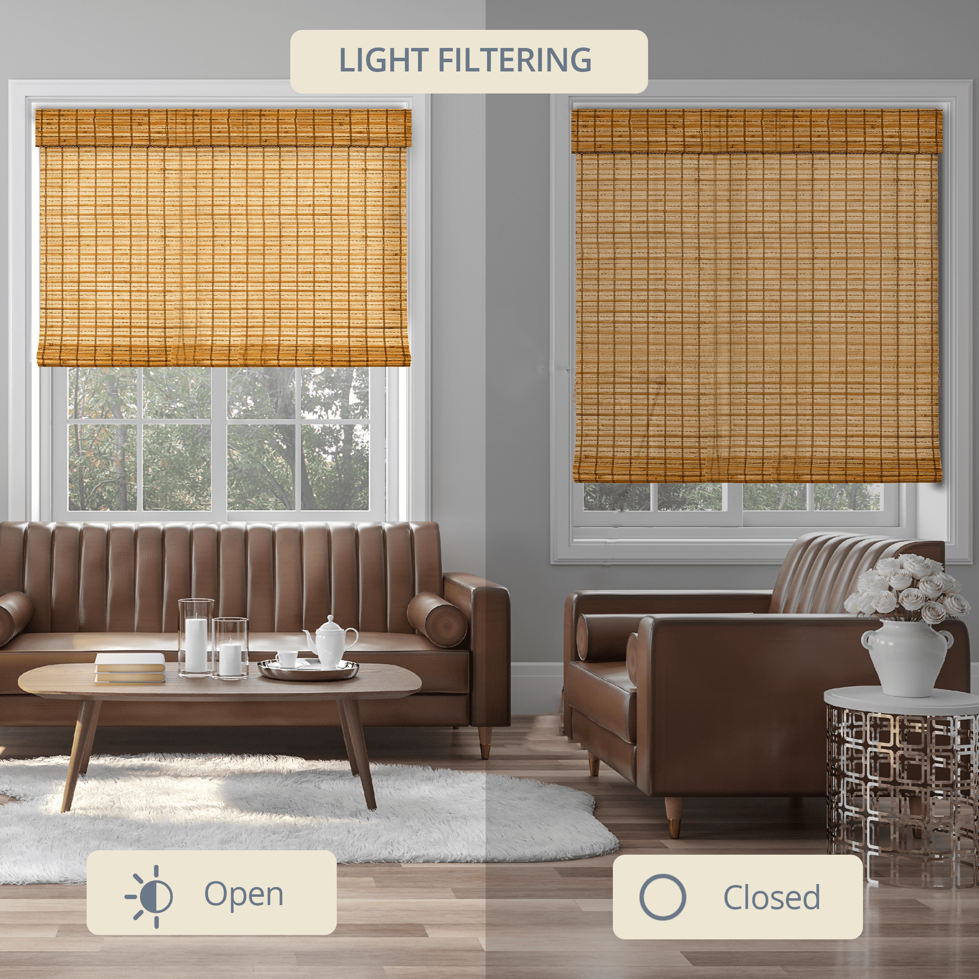 Natural Woven Light Filtering Cordless Bamboo Roman Shades for Windows, 43 in. W x 60 in. L, Honey Wheat