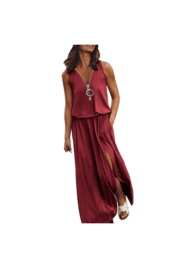 Women Summer Dresses Solid Color Zipper Up Sleeveless V-Neck Loose Fit High Split Tank Long Maxi Dress Flowy Comfortable Lightweight Fashionable Soft Beach Sundress,Red,XXL