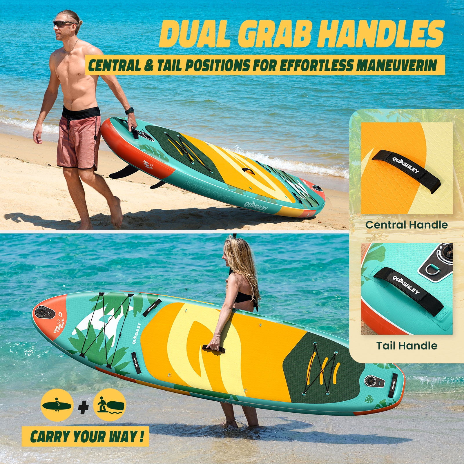 Quashley Wide Inflatable Stand up Paddle Board, 11 ft x 34 inch All-Around SUP Board with Paddle, Hand Pump, Backpack and Leash