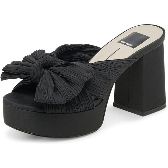 Dolce Vita Blare Onyx Satin Bow Detailed Slip On Open Toe Block Heeled Sandals (Onyx Satin, 12)