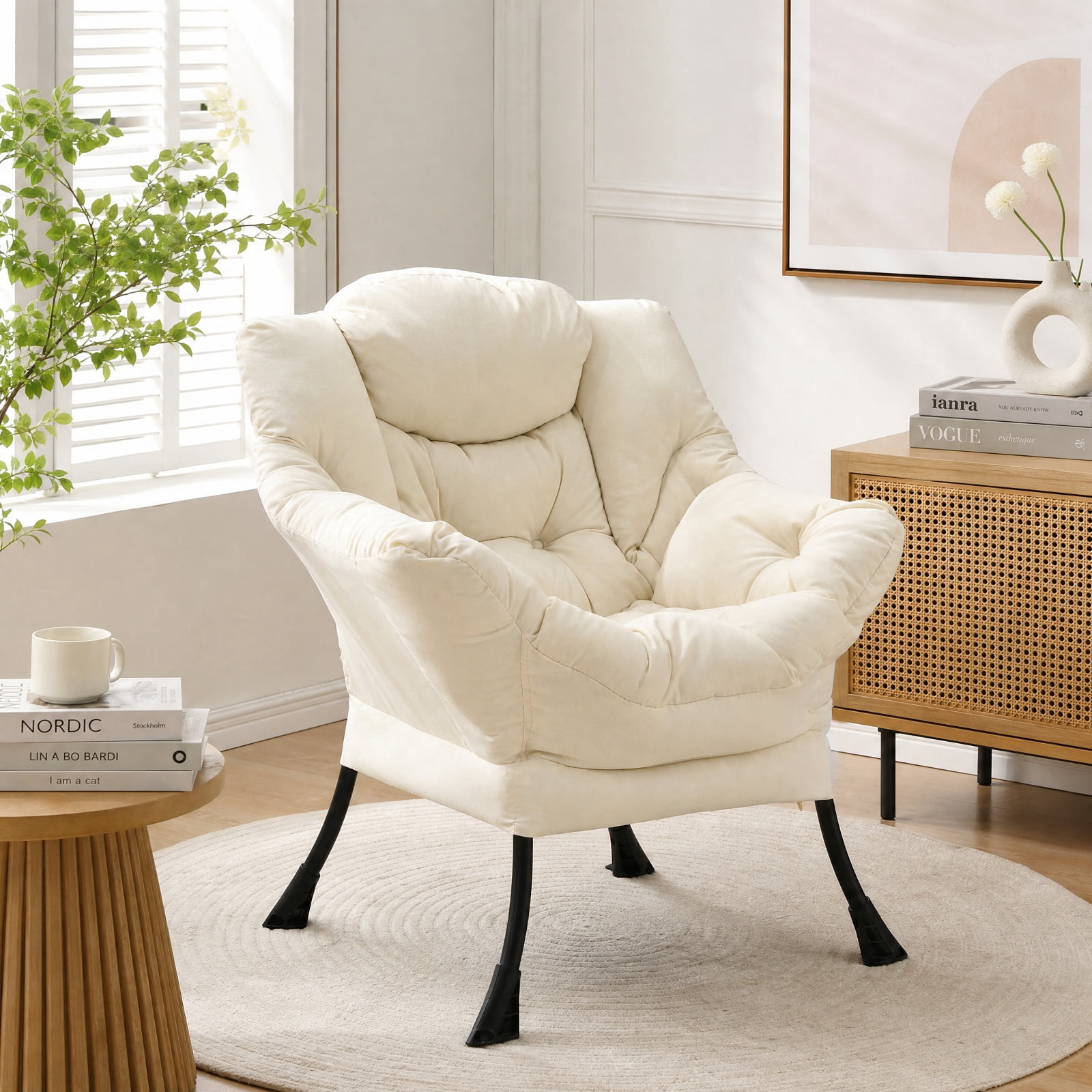Furnibear Modern Polyester Fabric Lazy Chair with Integrated Headrest Deep Seat Side Pocket and Rust-Resistant Steel Frame for Living Room, Beige