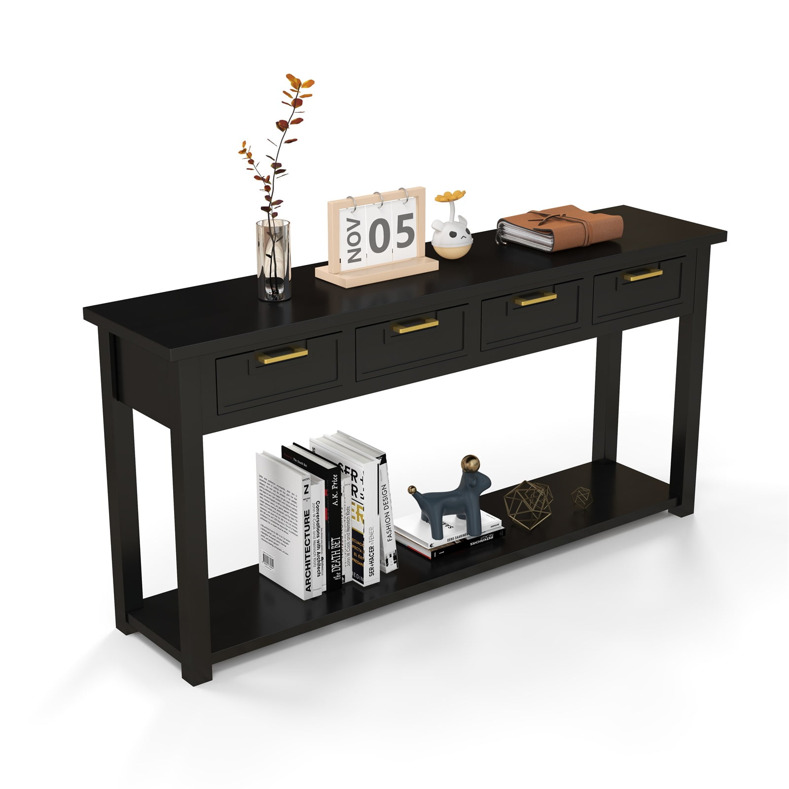 Kinsuite Black Entryway Table with 4 Drawers - Modern Console Table with 1 Bottom Shelf Living Room Furniture Wood Hallway Table Entryway Table for Living Room Bedroom Kitchen, Black