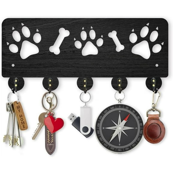 Paw Print Wall Key Holder with 5 Hooks - 11.8x5.2 Inch Wood Dog Key Rack for Leash Entryway Animal Theme Home Decor 1set
