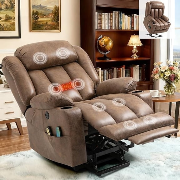 EPICOZY Large Power Lift Recliner Chair for Elderly Tall Man, Overstuffed Widen Massage Electric Recliner with Heat Vibration, Extended Footrest, Cup Holders, Side Pockets & USB Ports, Brown