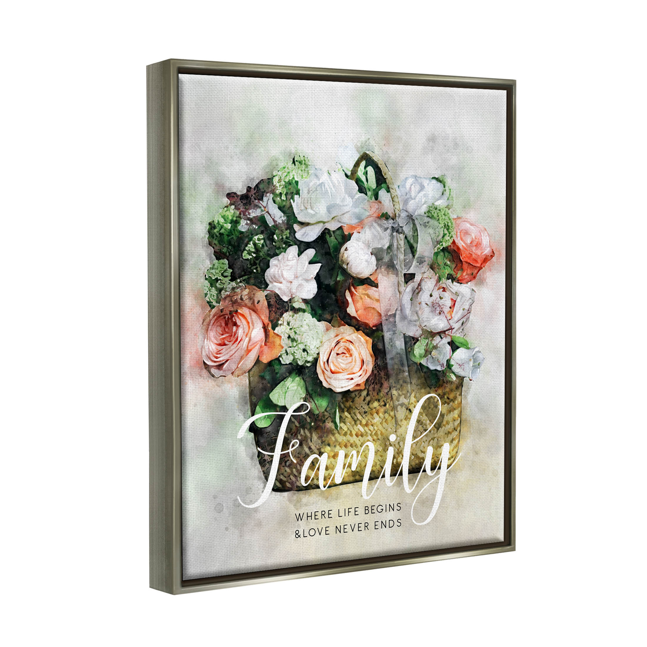 Family Where Life Begins Phrase Botanical & Floral Graphic Art Luster Gray Framed Art Print Wall Art