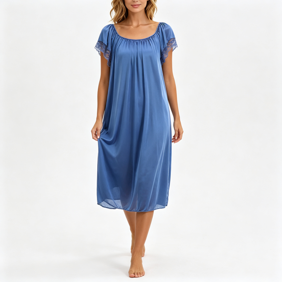 CAZOFW Womens Nightgown,Short Sleeve Lace Trim Loose Mid‑Calf Nightgown Pajama Dress Free Size