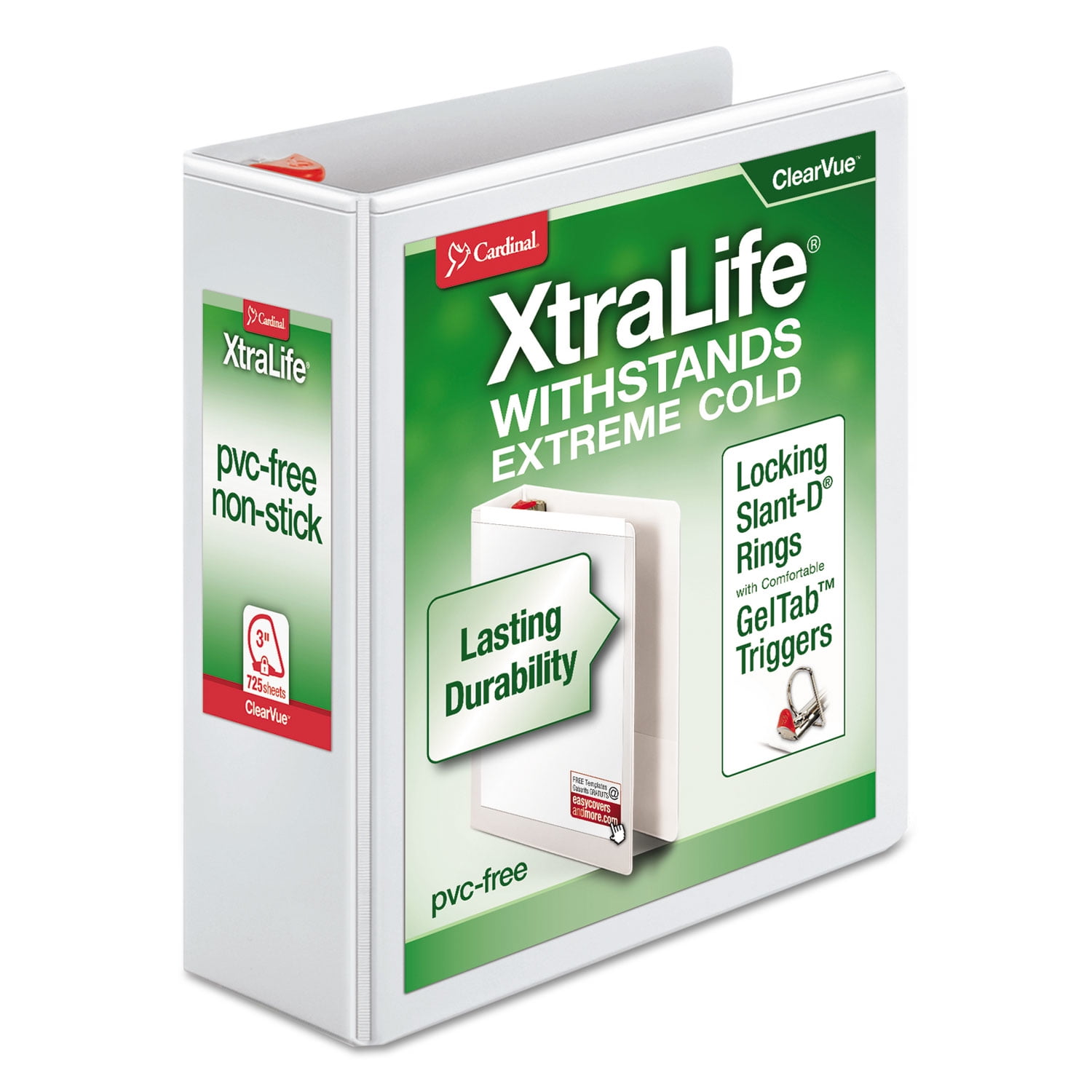 Cardinal XtraLife ClearVue Non-Stick Locking Slant-D Binder, 3' Cap, 11 x 8 1/2, White