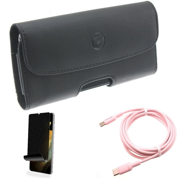 Pink 10ft Long Cable & Case Belt Clip & Privacy Screen Protector for Samsung Galaxy S22 Plus (S22 ) - Combo USB-C to Type-C PD Fast Charger Cord & Leather Holster Cover & TPU Film (Fingerprint)