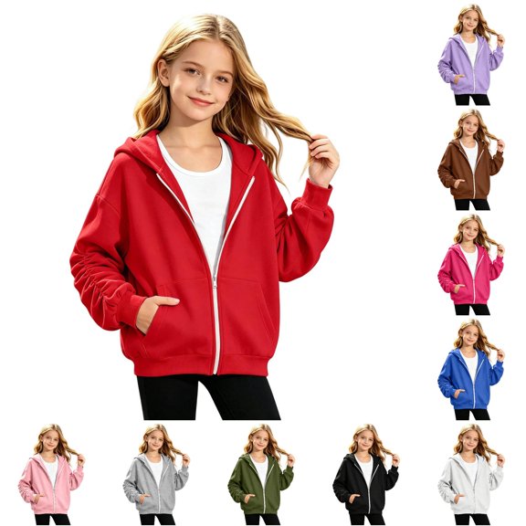 Bigetiay Girls Solid Color Zip Up Hoodie with Front Pocket Lined Casual Outerwear 12-13 Years