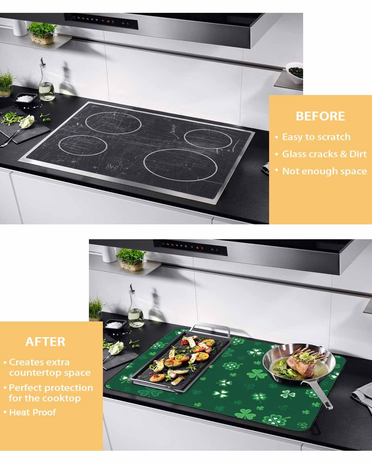 Large Induction Cooktop Protector Mat Saint Patrick's Day Stove Top Covers for Electric Stove, Green Lucky Shamrock Spring Decorative Stove Burner Cover Mats, Glass Top Stove Cover