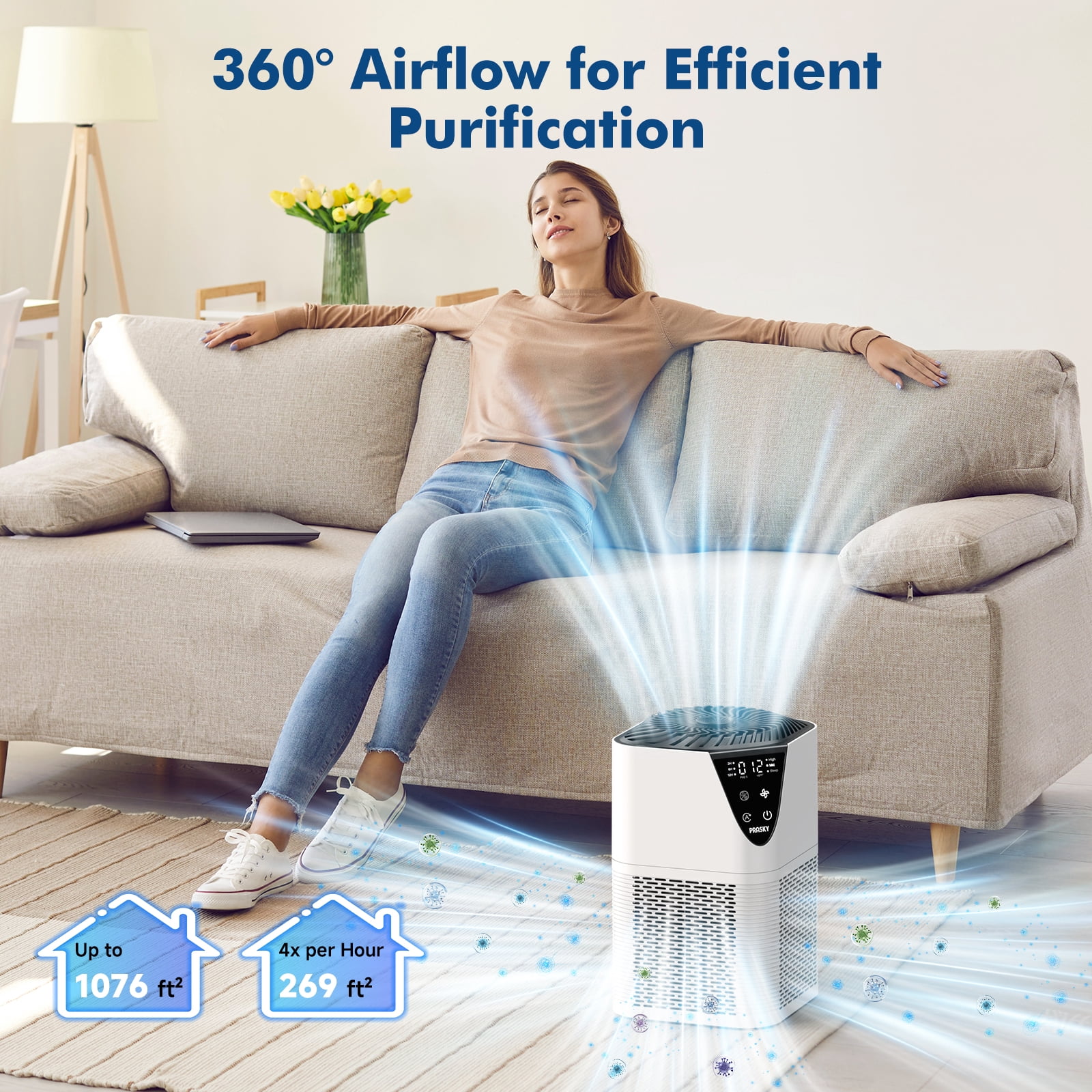 PRASKY Air Purifier for Home 1076 Sq Ft Coverage, True HEPA Filter for Pets, Smoke & Allergies | Quiet for Bedroom/Living Room (White)
