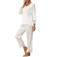 thumbnail image 4 of INSPIRAR CHIC Conjuntos de Pijamas de Dos Piezas para Mujeres, Top de Manga Larga de Encaje de Seda con Pantalón, Ropa de Dormir Suave, Ropa de Casa Blanca M, 4 of 6