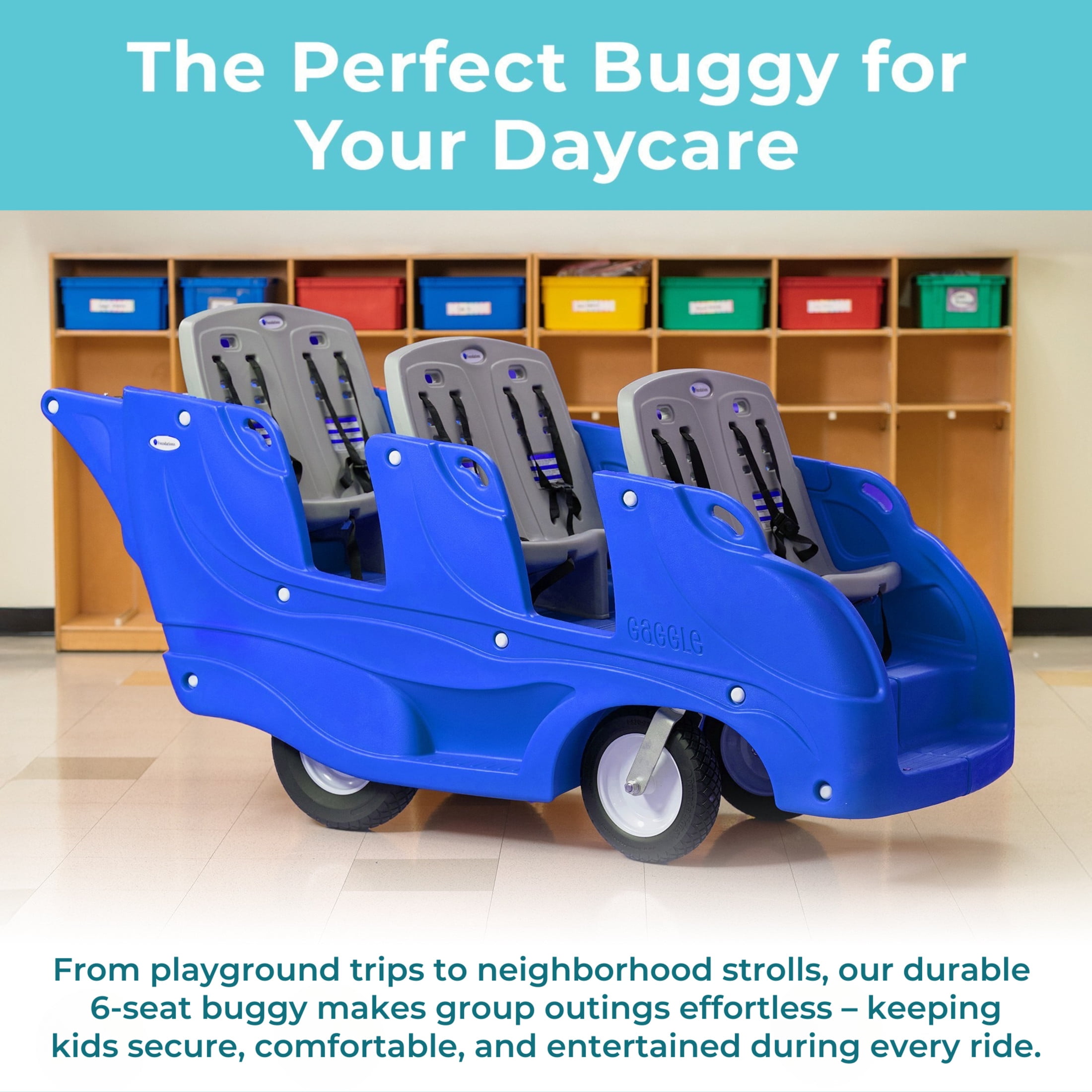 Foundations Gaggle Parade 6-Seat Buggy Stroller, Durable Multi-Child Daycare Stroller with Safety Harnesses, Blue/Gray