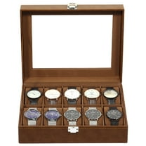 Uten Luxury 10-Slot Watch Box for Men, PU Leather Display Case with Glass Top & Soft Velvet Lining, Jewelry Organizer and Storage Case, Brown