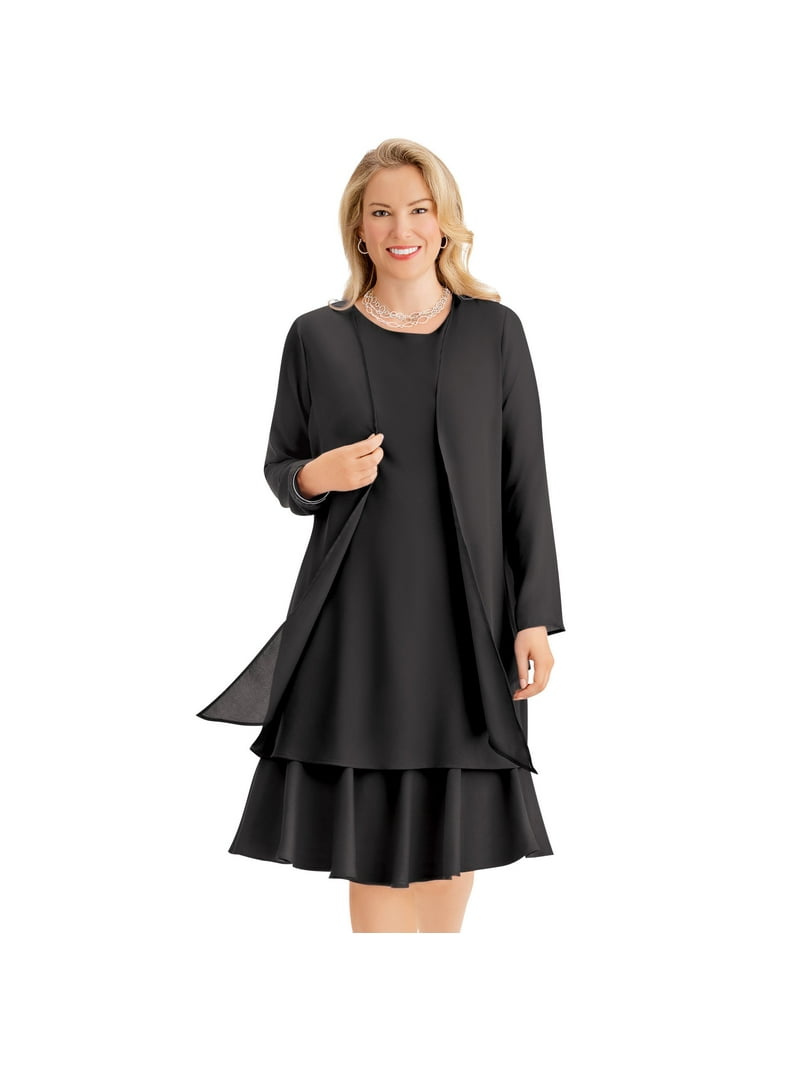 black sheer jacket for dress Midnight Velvet Brigid Beaded Women's Dress with Sheer Jacket, Size 1XL, Black