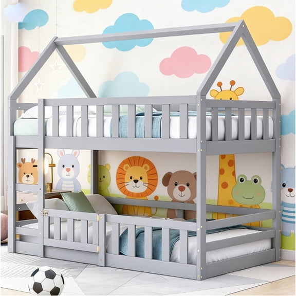 Bellemave Twin over Twin Size Bunk Bed with Ladder, Wooden House Bunk Bed Frame Guardrails Versatile Twin Bunk Floor Bed, Grey