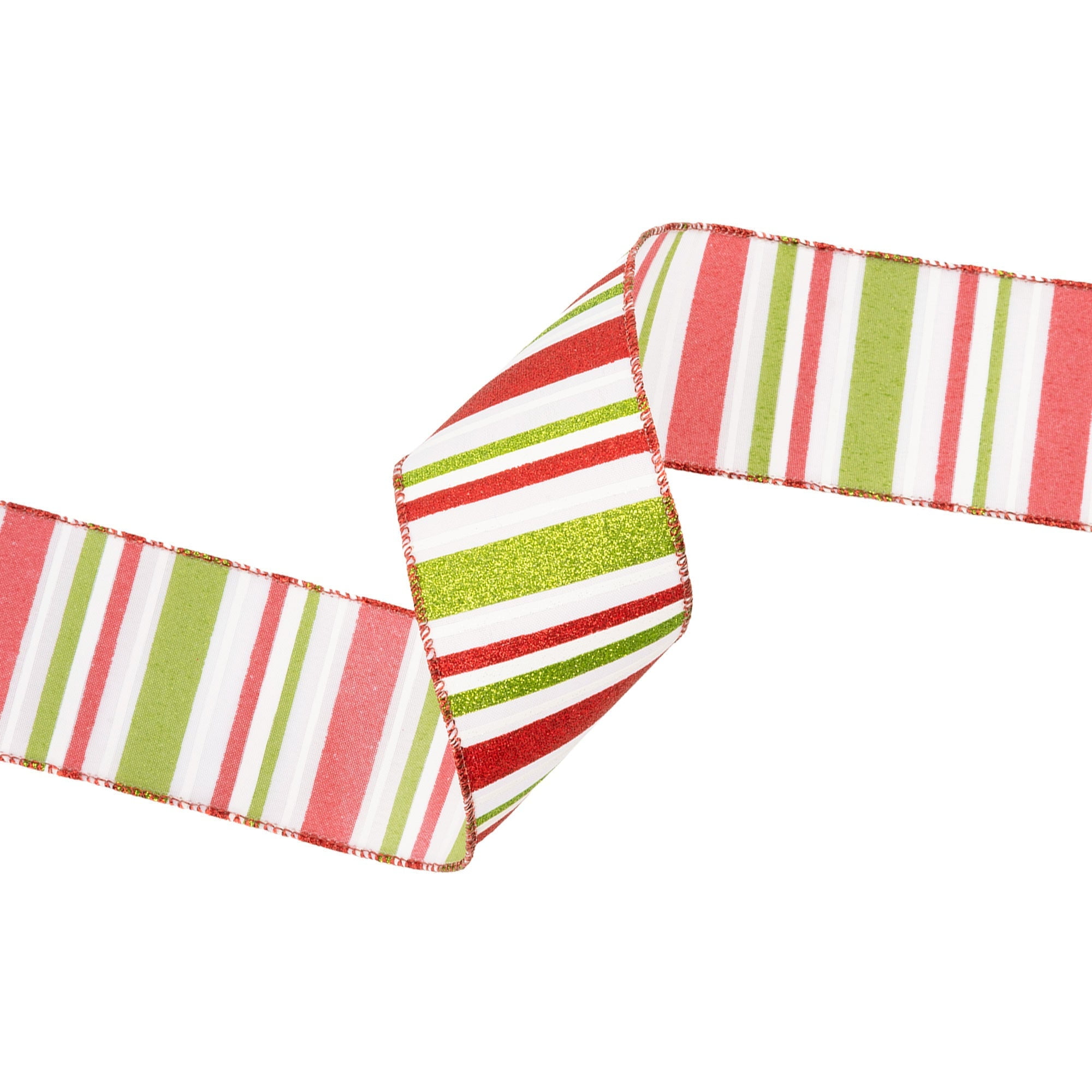 LaRibbons 2 1/2" Wired Ribbon, Red, Green, White Horizontal Glittered Stripes on White, 10 Yard Roll