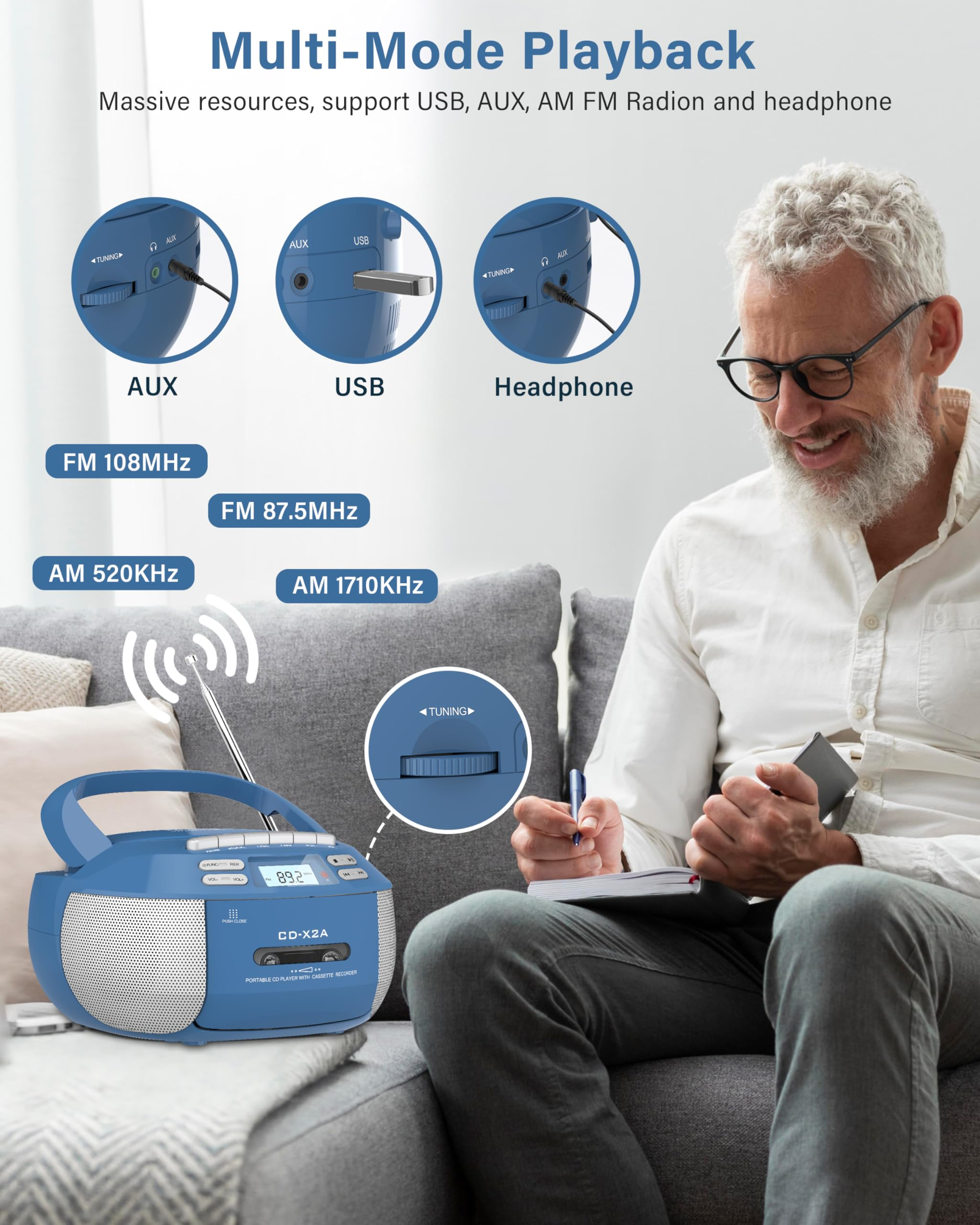 Jazmm CD Player Boombox with Bluetooth, Blue photo 7