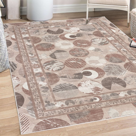 Floral Decorative Rug, Colorful Pastel Rounds with Exotic Tropical Leaves Summer Vibes Modern Look, Quality Carpet for Bedroom Dorm and Living Room, 6 Sizes, Pale Rose and Rust, by Ambesonne