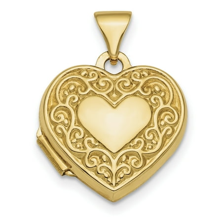 14k Gold Triangle Pendant 14k Yellow Gold Scroll Design Front Back 15mm Heart Photo Pendant Charm Locket Chain Necklace That Holds Pictures Fancy ()