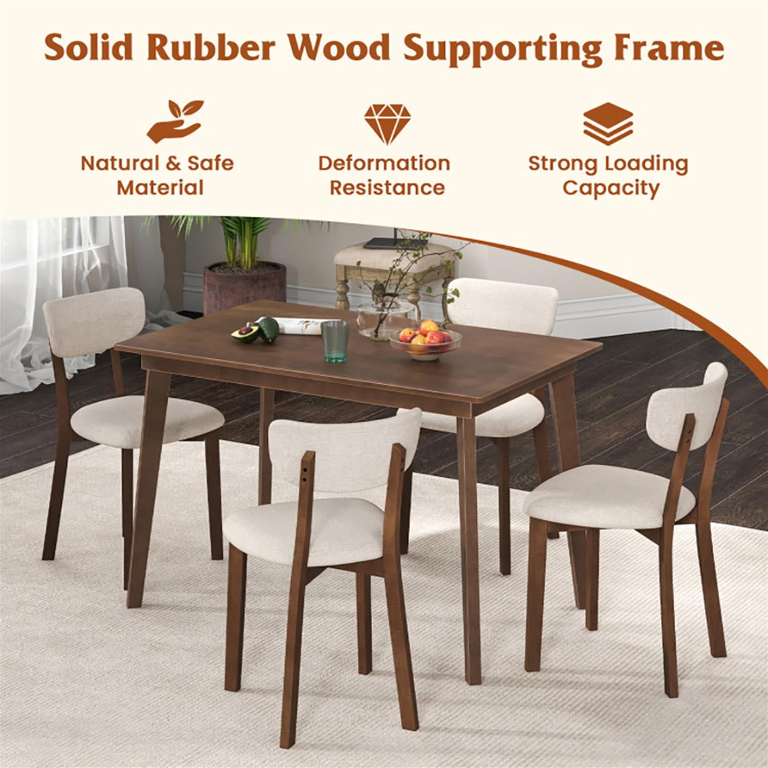 Demi Bonn 5-Piece Dining Table Set with 4 Chairs, 48" Kitchen Table with Rubber Wood Frame and Padded Set, Perfect for Small Space, Brown