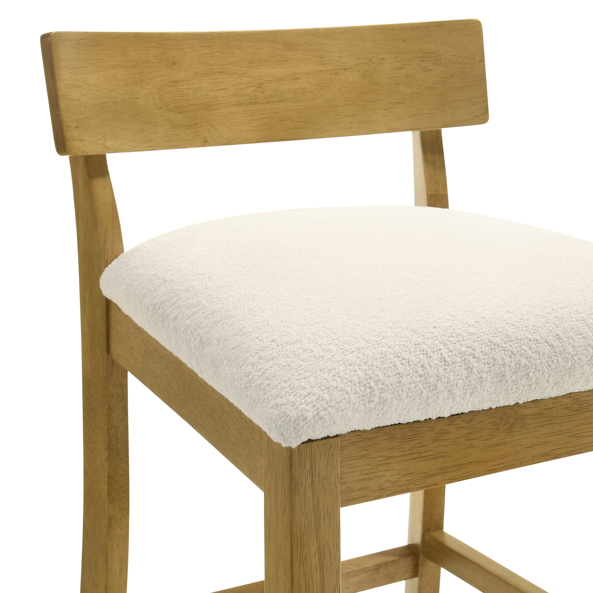 Merie Modern Transitional Wood Counter Height Kitchen Bar Stool in Amber Glow Finish with White Boucle Fabric Upholstered Seat