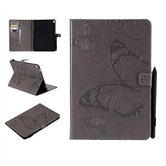 iPad Pro 10.5" case, Allytech Embossed with Butterfly Series AUTO WAKE/SLEEP Folio Stand Wallet Case with Cards/Cash Holder for Apple iPad Pro 10.5" Inch 2017 Release Tablet, Gray