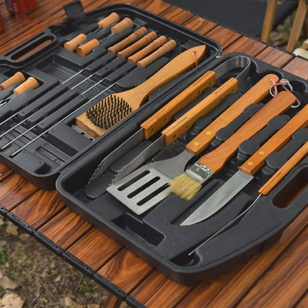 Juego de Parrilla Exterior de Acero Inoxidable de 19 Piezas con Mango de Madera