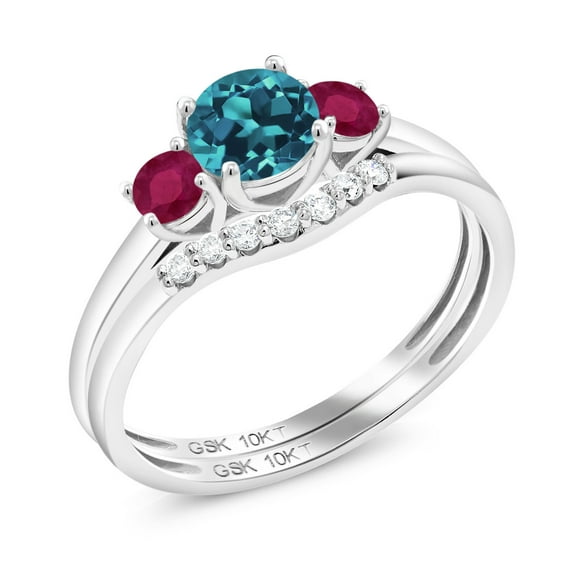 Gem Stone King Round London Blue Topaz Red Ruby 0.85 Ct 10K White Gold Lab Grown Diamond Ring (Size 9)