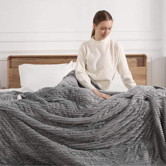 Electric Blanket Twin Heated Blanket 62"x84" Striped Flannel & Thick Sherpa, 5 Heat Settings & 10 Hour Auto Off with FCC/ETL Certified, Overheat Protection & Machine Washable, Grey