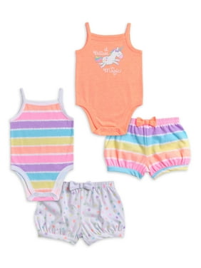 Garanimals Baby Girl Cami Bodysuits & Shorts Outfits, 4pc Set