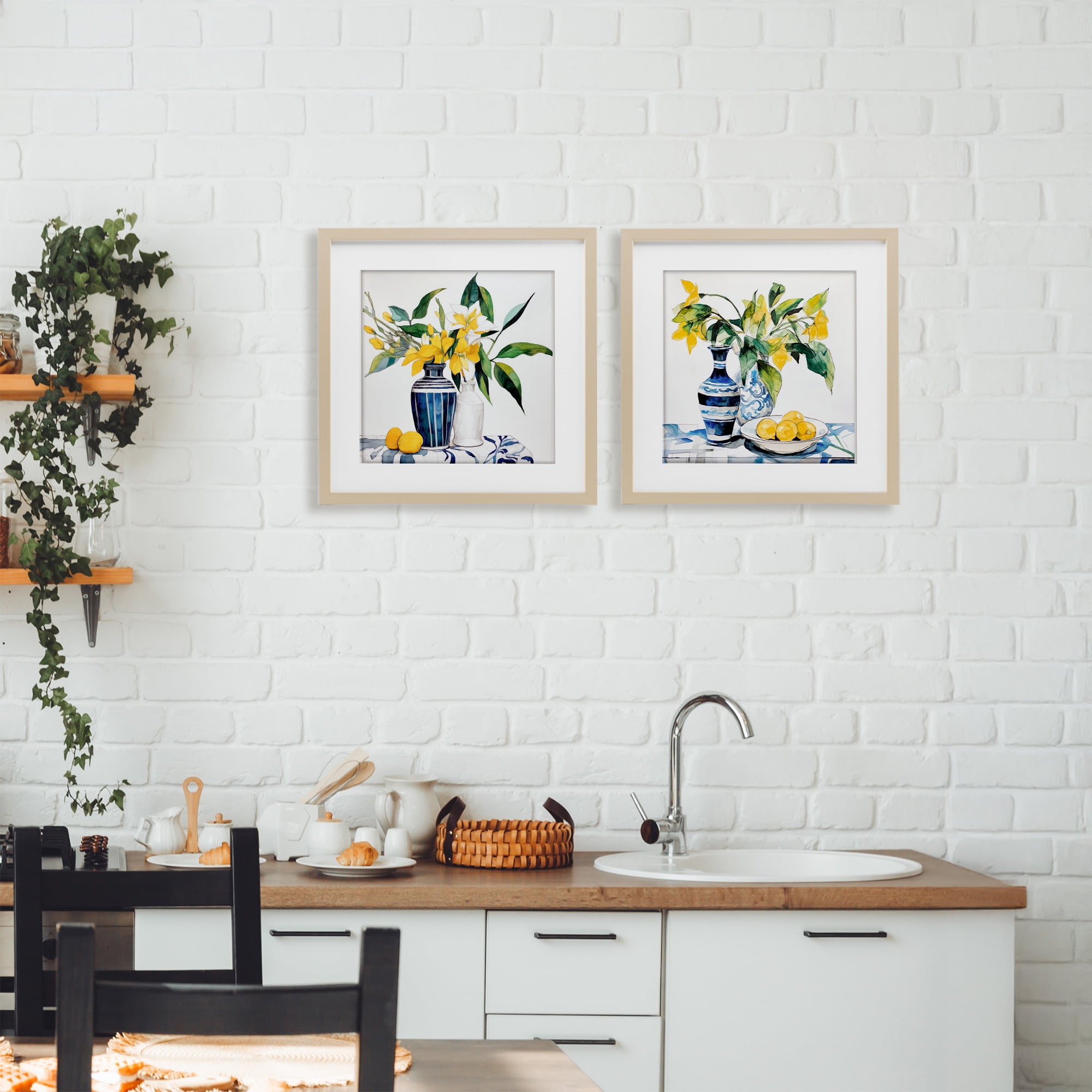 Stupell Industries Lemon Blooms Table Setting 2 Piece Birch Framed Print Under Glass Set, design by Ray Powers