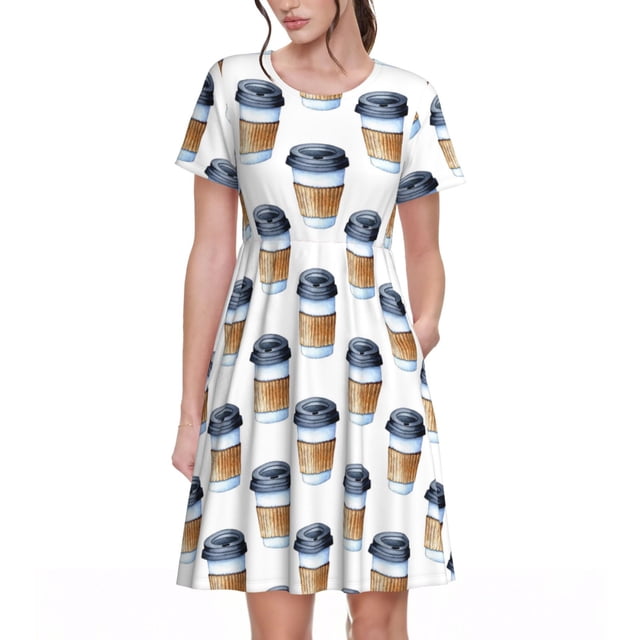 Balery Coffee To Go Pattern Vestidos sueltos de manga corta para mujer, vestidos de verano 2025, vestidos casuales de corte A con vuelo.